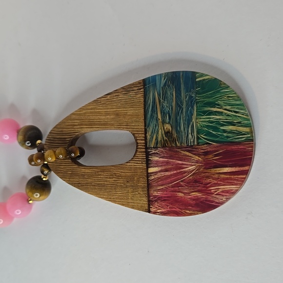 Vintage Lee Sands Necklace Tigers Eye and Multi Color Stones with a Wooden Pndt - Picture 3 of 8